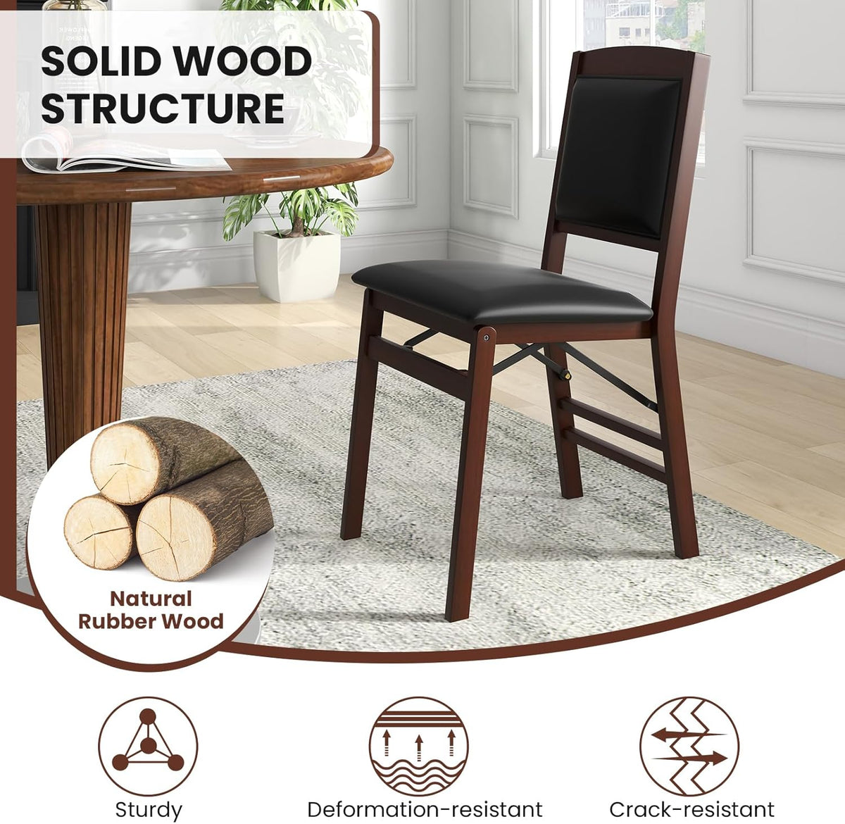 KOTEK Folding Dining Chairs Set of 2, Wooden Kitchen Chairs with Padded Seat & Backrest, Foldable Armless Side Chairs for Dining Room, Living Room