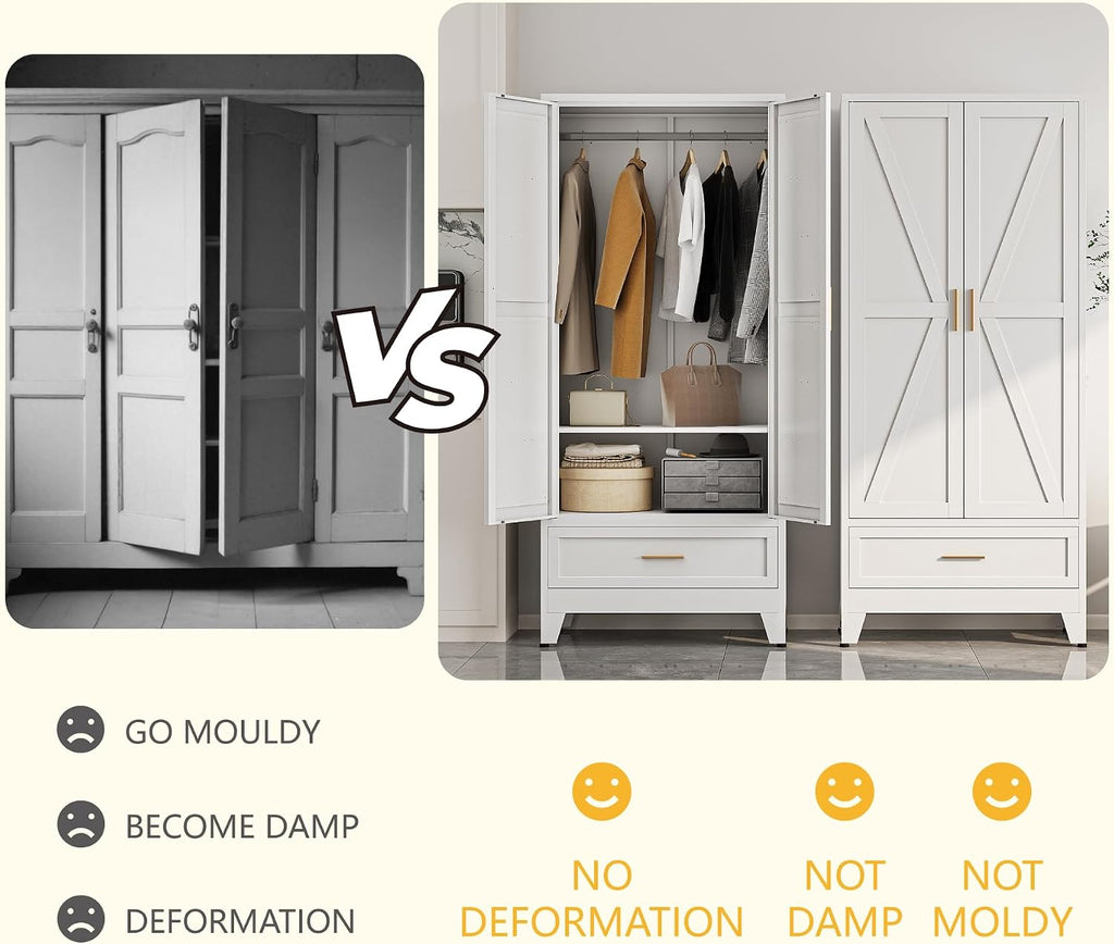 Metal Armoire Wardrobe Closet, Bedroom Armoires with Drawers | 71'' Metal Wardrobe Cabinet with 2 Doors and 2 Adjustable Shelves,Laundry Room Cabinets,Large Wardrobe Closet