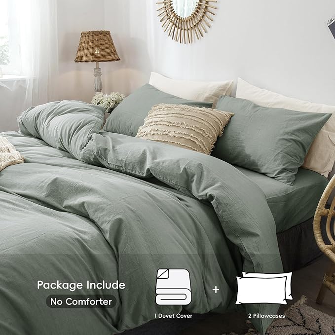 MooMee Bedding Duvet Cover Set 100% Washed Cotton Linen Like Textured Breathable Durable Soft Comfy (Heathered Green, Palatial King/Oversized King 120"x98")