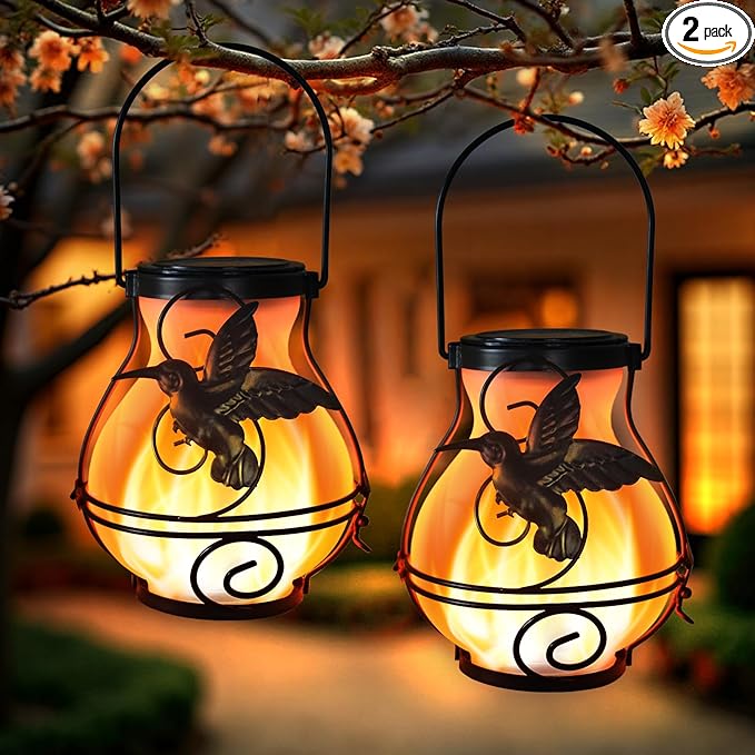 2 Pack Solar Lanterns Outdoor Waterproof Flickering Flame Lights Hummingbird Metal Hanging Solar Lantern Patio Porch Garden Decoration