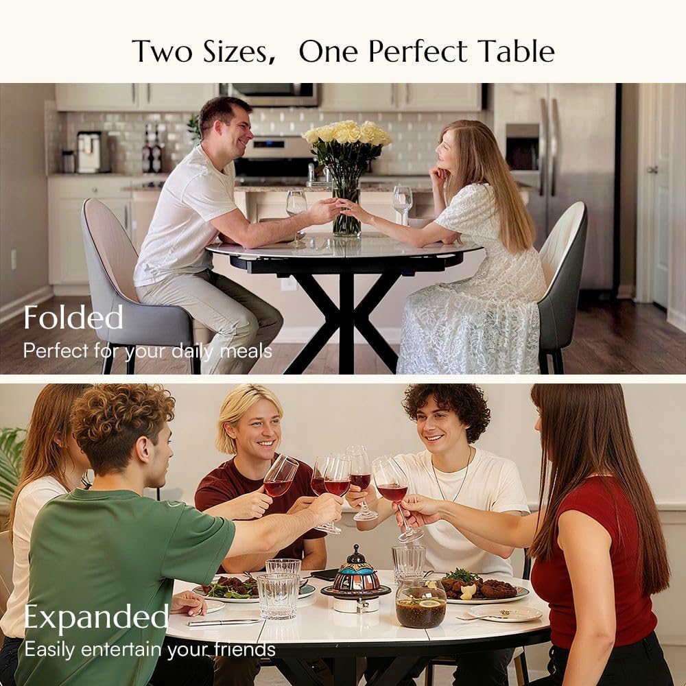POVISON Modern Extendable Dining Table, 47" to 63" Round to Oval Sintered Stone Kitchen Table with Carbon Steel Pedestal Base for 4-6, White with Bronze(Table Only
