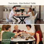 POVISON Modern Extendable Dining Table, 47" to 63" Round to Oval Sintered Stone Kitchen Table with Carbon Steel Pedestal Base for 4-6, White with Bronze(Table Only
