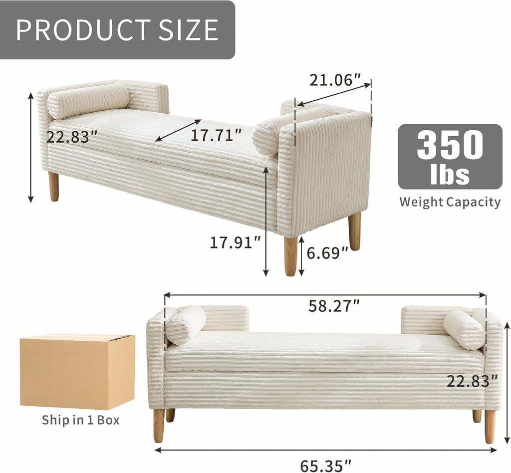 Chifee & Vingol 65.35" W Ottoman with Storage Bench for Bedroom End of Bed with Removable Pillows Upholstered Storage Ottoman Bench for Bedroom Living Room Hallway,Ivory