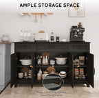 Farmhouse Buffet Cabinet with Drawers, 55" Large Sideboard Kitchen Buffet Storage Cabinet with 3 Adjustable Shelves and Doors Heightened Table Wood Coffee Bar for Kitchen Living Room, Black