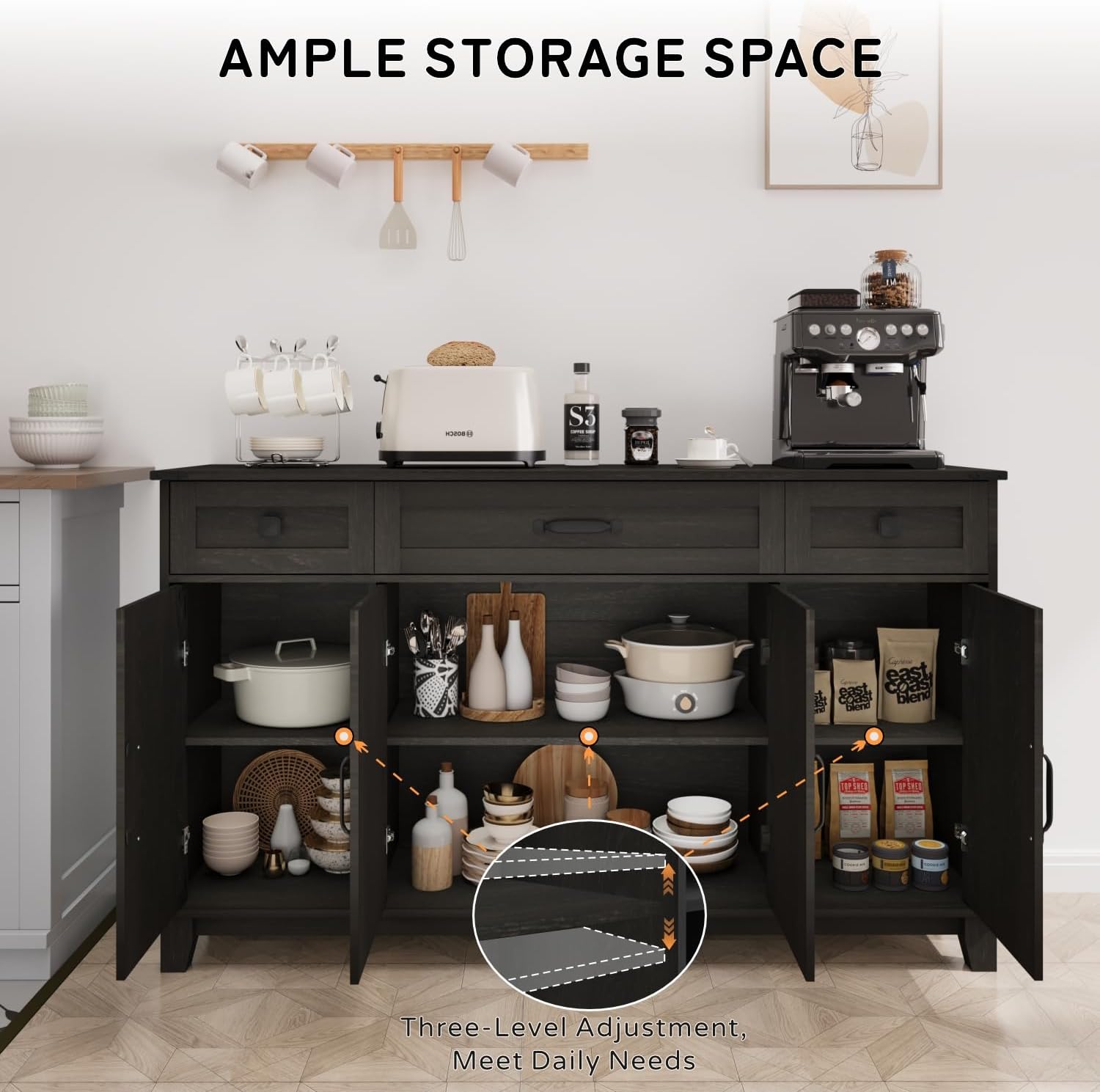 Farmhouse Buffet Cabinet with Drawers, 55" Large Sideboard Kitchen Buffet Storage Cabinet with 3 Adjustable Shelves and Doors Heightened Table Wood Coffee Bar for Kitchen Living Room, Black