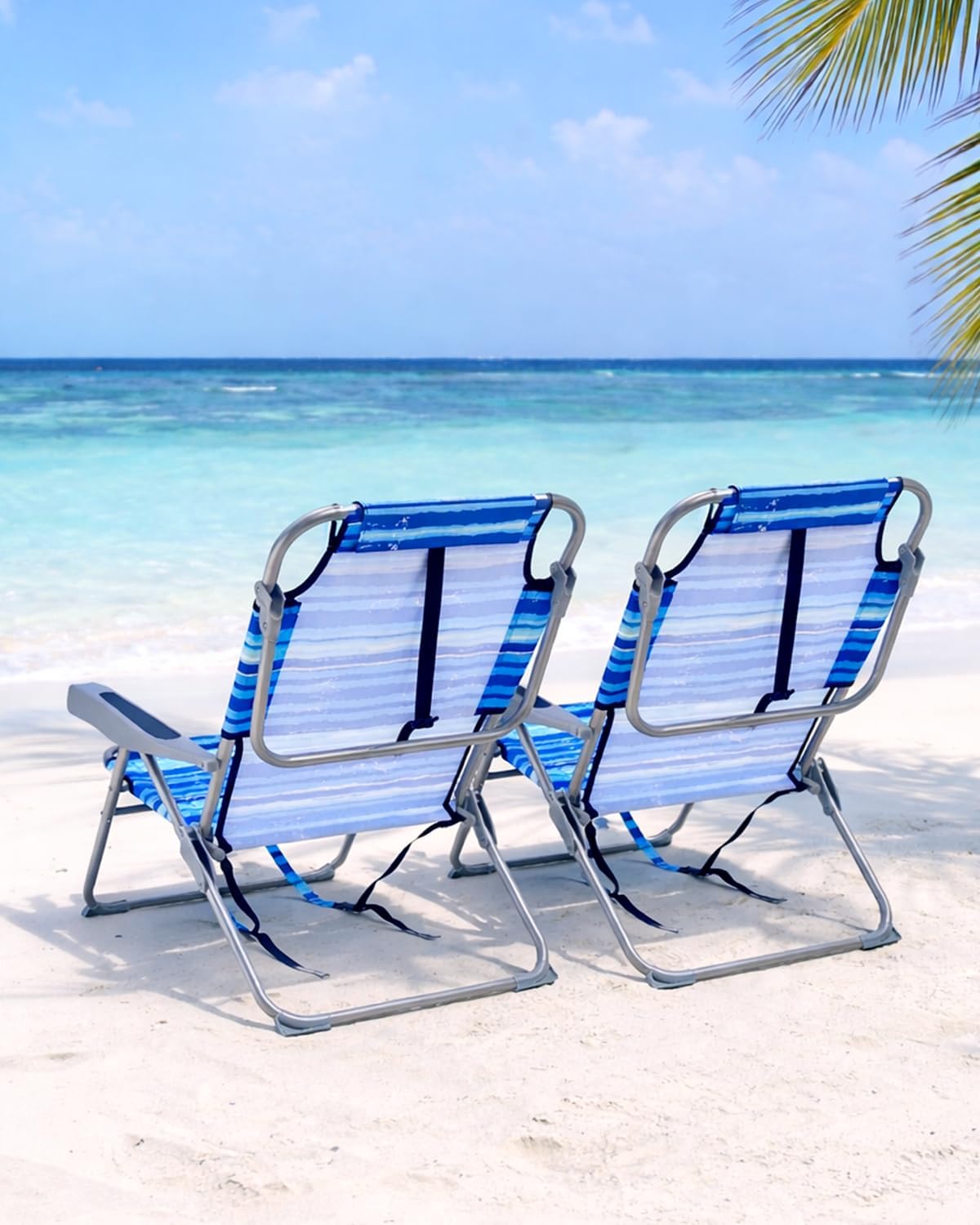 GVDV 2 Pack Backpack Beach Chairs for Adults, 14" Mid-Height Foldable Chair with Lay Flat Position, 4-Position Adjustable Reclining, Towel Bar, Zipper Pouch & Cup Holder, Blue Ocean