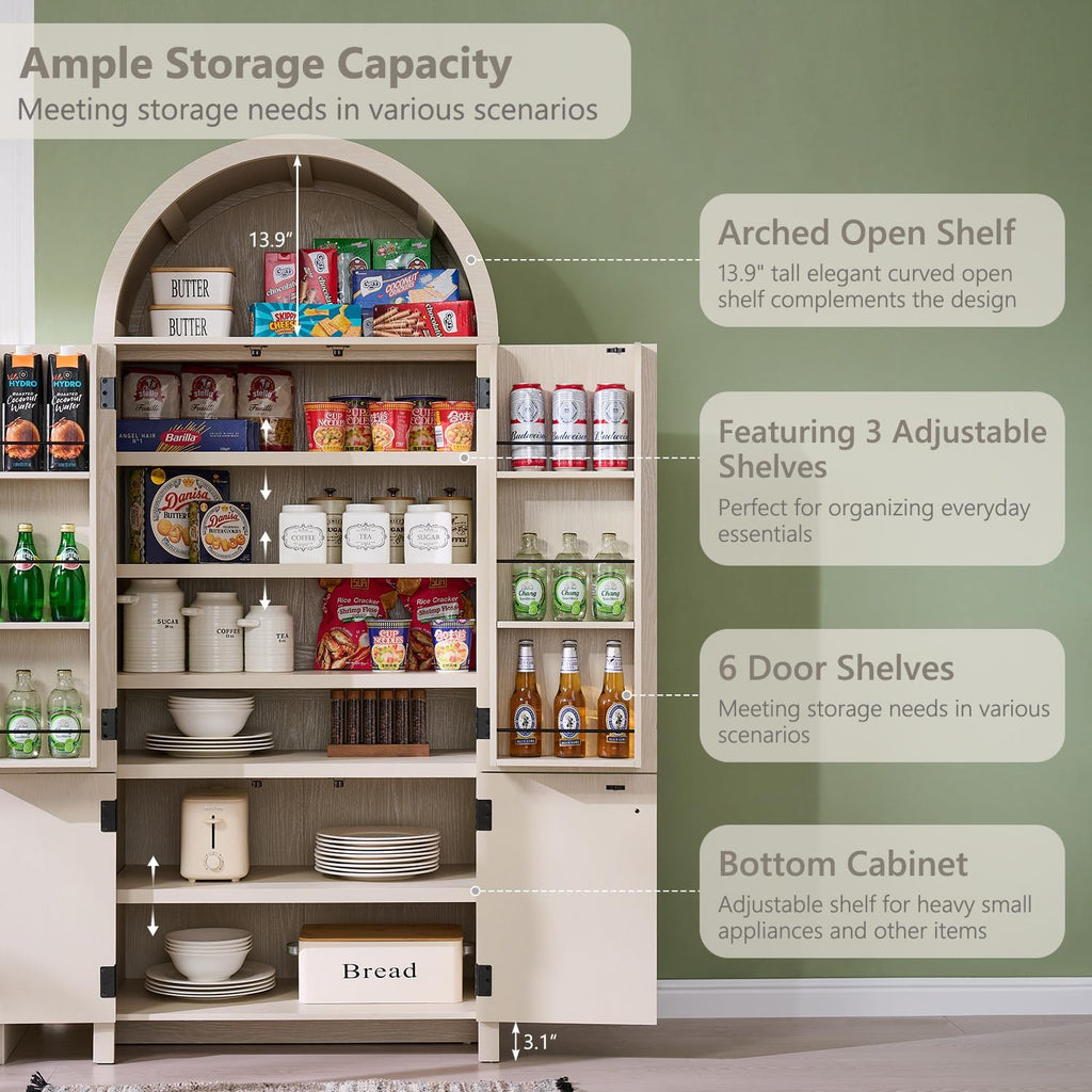 IFGET 71" Tall Arched Kitchen Pantry, Modern Fluted Wood Storage Cabinet with Doors, 3 Adjustable Shelves, 6 Door Shelves, Organizer, Versatile Cupboard for Kitchen, Bathroom, Cream