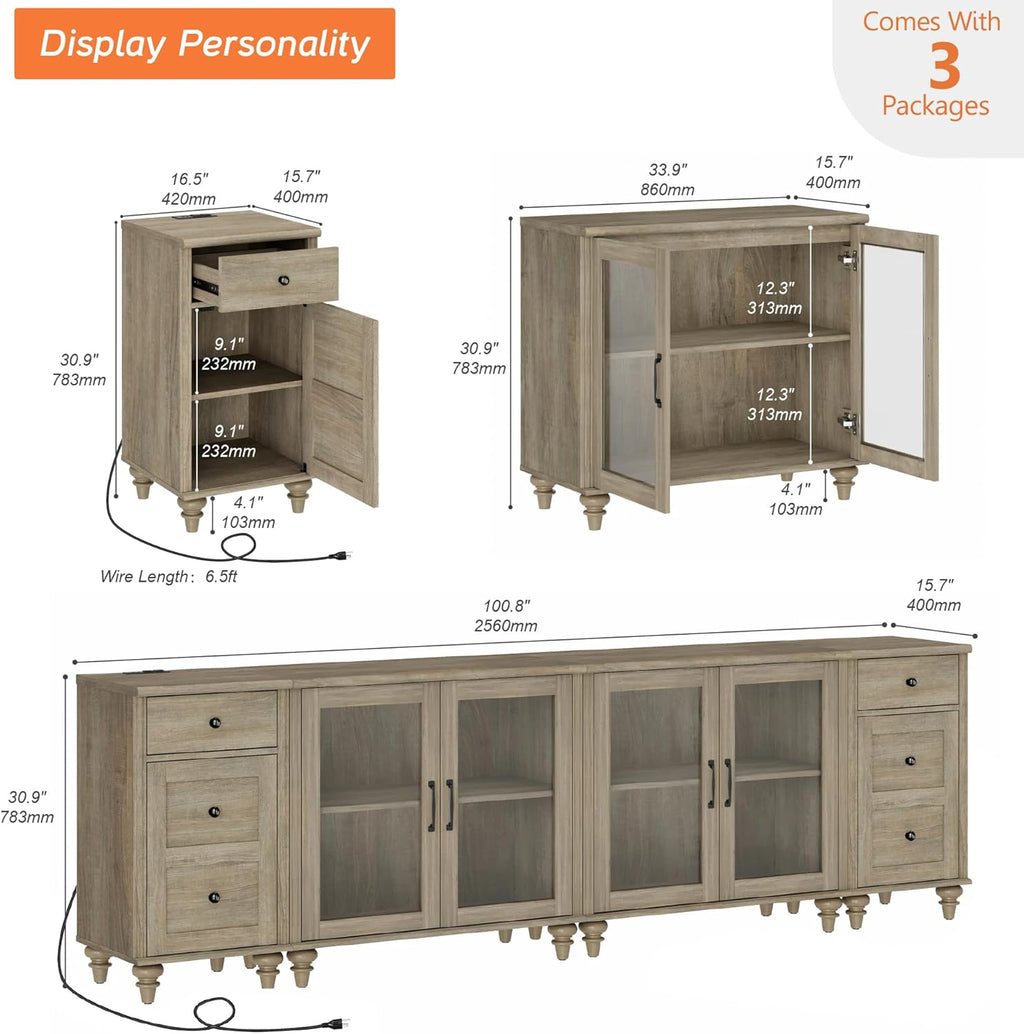 WAMPAT Sideboard Buffet Cabinets with 4-Glass Door, 4-in-1 Kitchen Storage Cabinets with Charging Station, Wood Coffee Bar Table with Adjustable Shelf & 2 Drawers for Dining Room, Living Room, Grey
