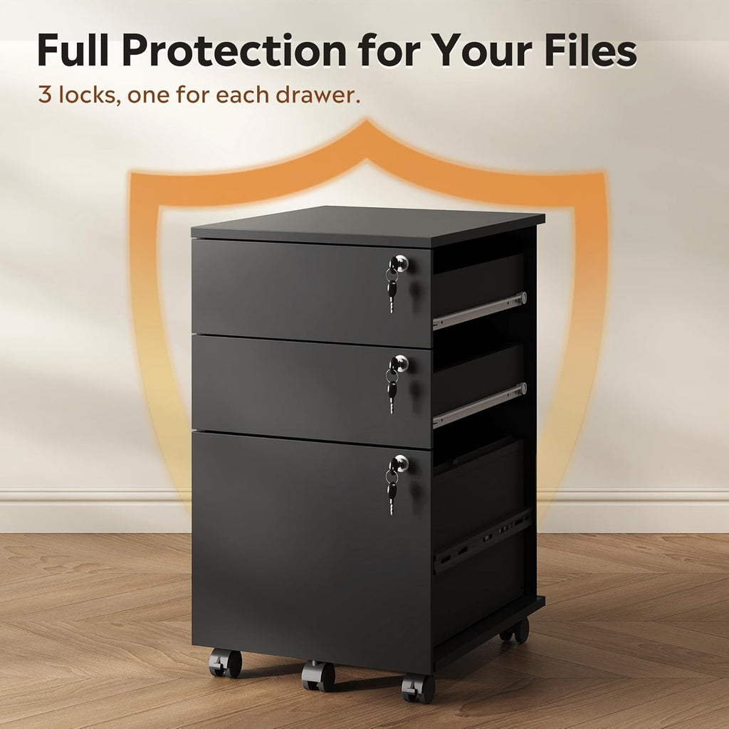 DEVAISE 3 Drawer File Cabinet with Individual Locks, Wood Filing Cabinet for Home Office, Mobile Printer Stand with Wheels, Under Desk Storage for Letter/A4/Legal Size, Black