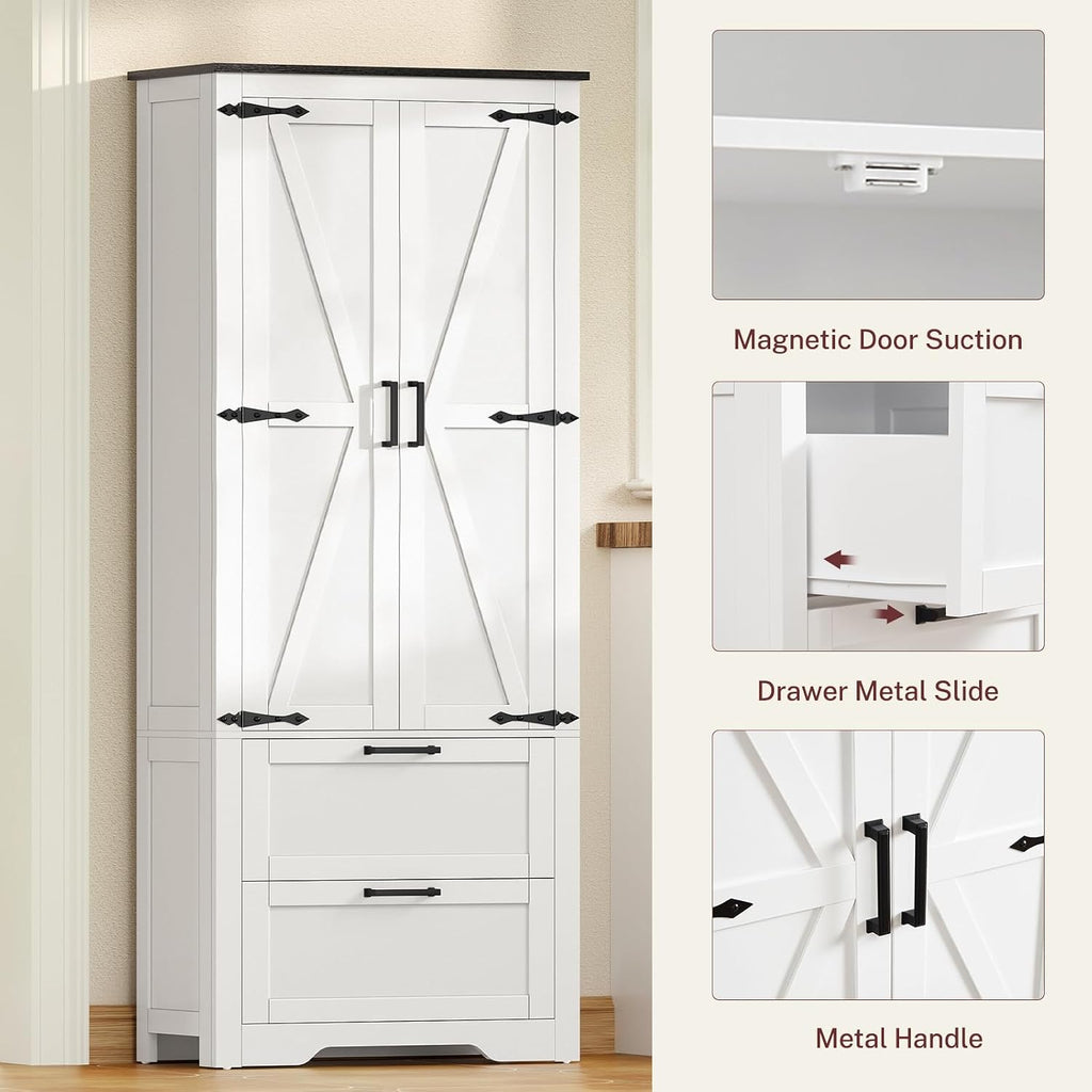TEENFON 66.1" H Storage Cabinet with 2 Drawers, Farmhouse Kitchen Pantry Cabinet with 2 Doors & Adjustable Shelf, Bathroom Cabinet, for Living Room, Kitchen, Bathroom, White