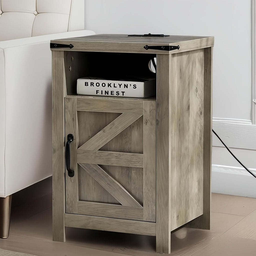 Farmhouse Living Room Table Set of 3, 2 Rustic End Table with Charging Station and 1 Sofa Table with Large Hidden Storage, Farmhouse Sofa Table Set for Living Room, Office, Grey