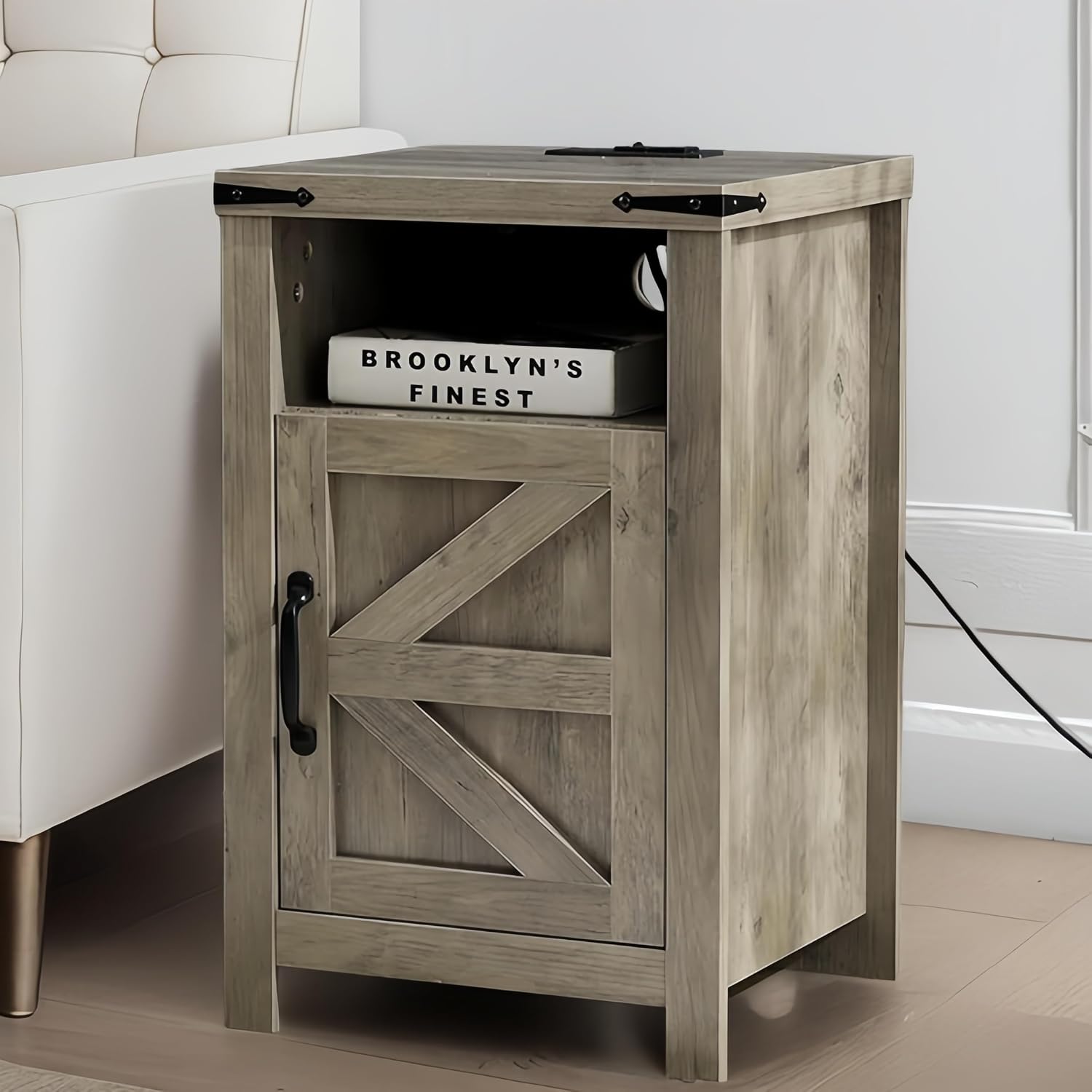 Farmhouse Living Room Table Set of 3, 2 Rustic End Table with Charging Station and 1 Sofa Table with Large Hidden Storage, Farmhouse Sofa Table Set for Living Room, Office, Grey