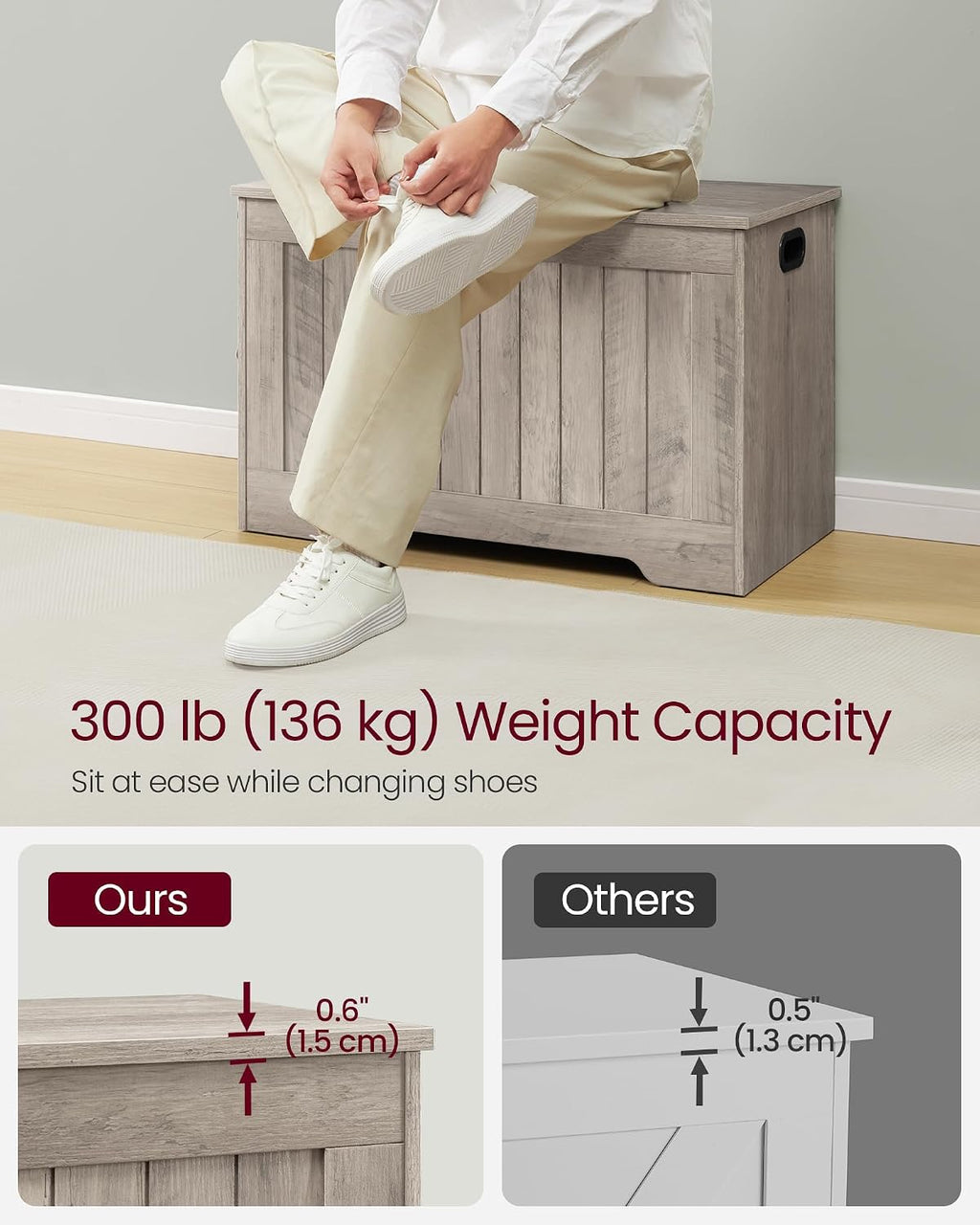 VASAGLE Storage Chest, 29.9 Inches Width Bench with 2 Safety Hinges | Shoe Bench, Farmhouse Style, for Entryway, Bedroom, Living Room, Heather Greige, SOFIE Collection ULHS011K01