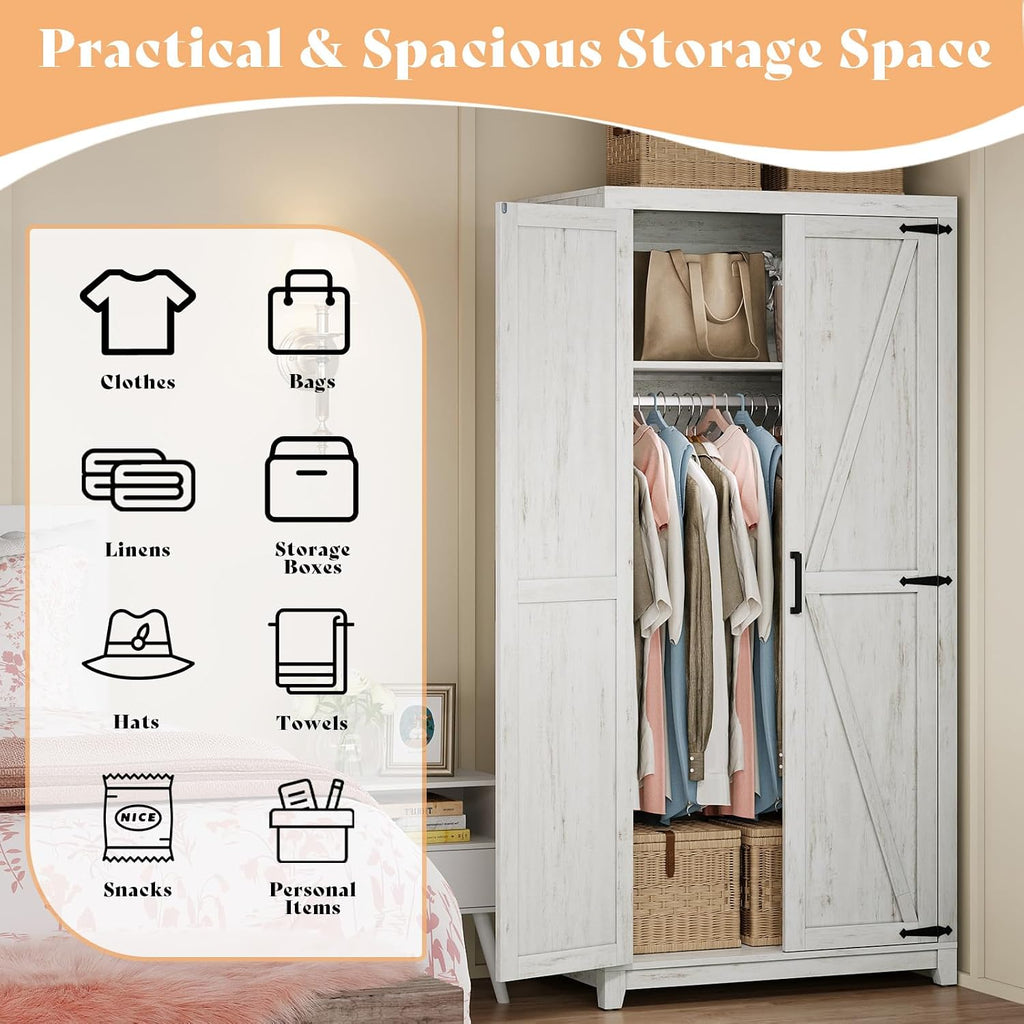AMERLIFE 71" Farmhouse Wardrobe Closet with Hanging Rod & Barn Doors | Large Armoire Storage Cabinet, Storage Shelf, Versatile Clothing Organizer, Anti-Tip Kit, for Bedroom, White