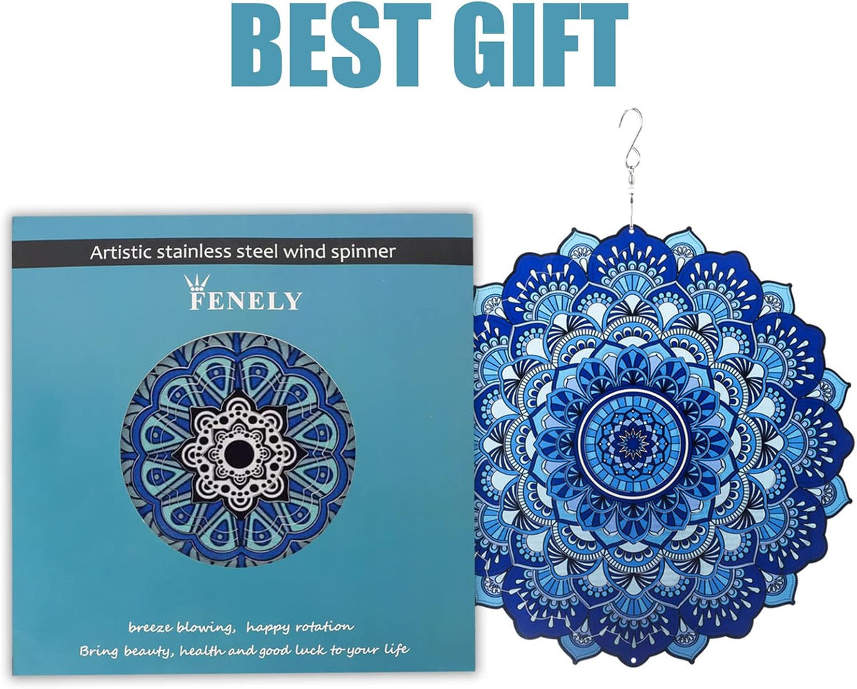 Wind Spinner Yard Art Garden Decor 3D Stainless Steel Metal Sculptures Kinetic Hanging Whirligigs Blue Mandala Decorations Backyard Outside Indoor Outdoor Patio Ornaments Clearance Windmill