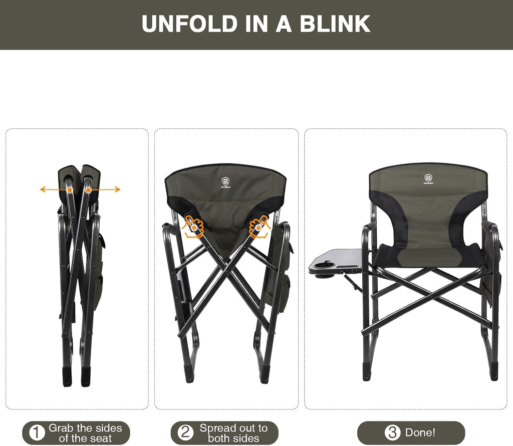 EVER ADVANCED Lightweight Aluminum Director Camping Chair, 350 lb Capacity | 19" Joint-Friendly Seat for Easy Standing with Side Table, Cup Holder & Storage, Ideal for Camping, Makeup Artists, Vendors