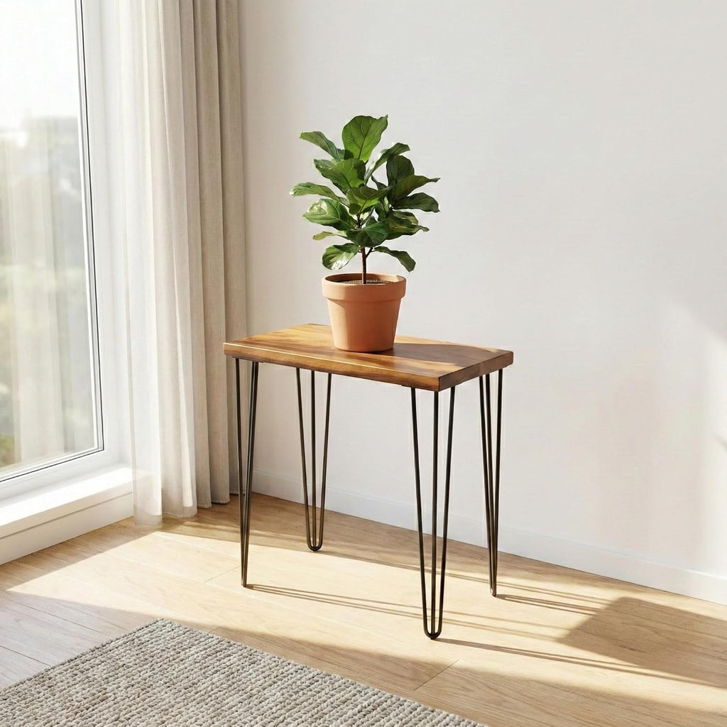 Walnut Solid Wood Side Table - 24 W 12 D Narrow End Table for Living Room, Hairpin Metal Legs, Water & Stain Resistant Finish