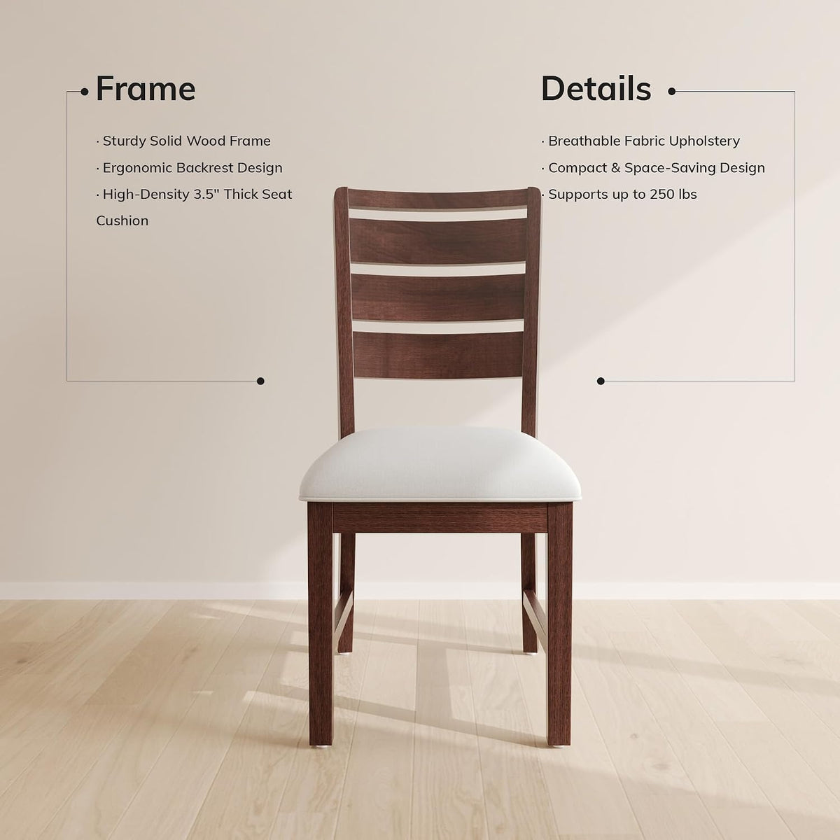 COLAMY Wooden Dining Chairs Set of 6, Farmhouse Upholstered Dining Room Chairs with 3.5" Thick Cushion, FSC Solid Wood Ladder Back Kitchen Chairs for Home and Restaurant, Easy Clean,Brown