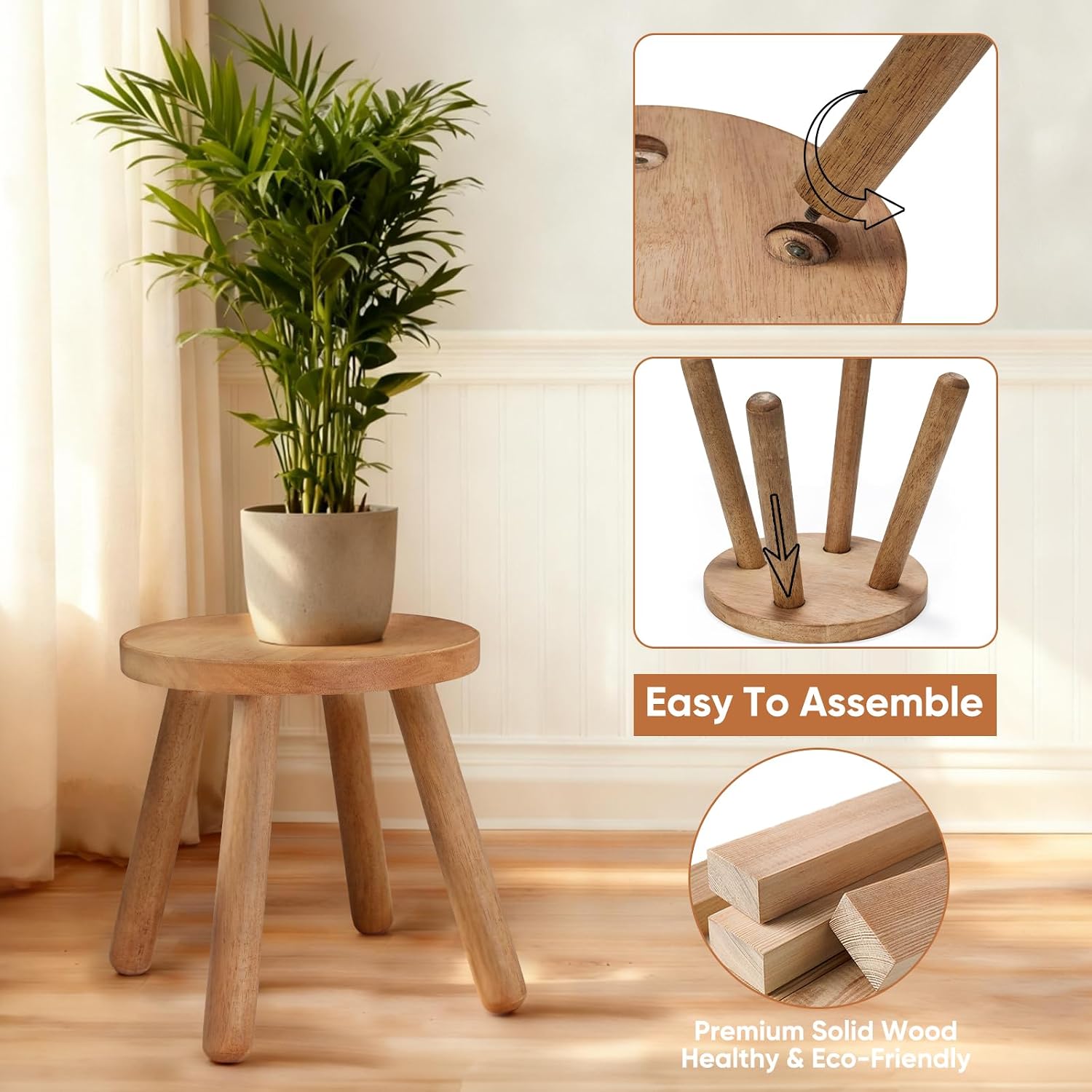 11.8" H Round Solid Wooden Stool Wood Plant Stand Woden Decorative Stool Garden Stool Portable Stand for Kitchen Bathroom Living Room Bedroom