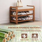 27.6" Bamboo Shoe Bench with Cushion, 5 Hooks Coat Rack, 2-Tier Storage Bench for Entryway, Heavy Duty Shoe Rack Organizer with Removable Soft Cushion for Living Room Bedroom Hallway