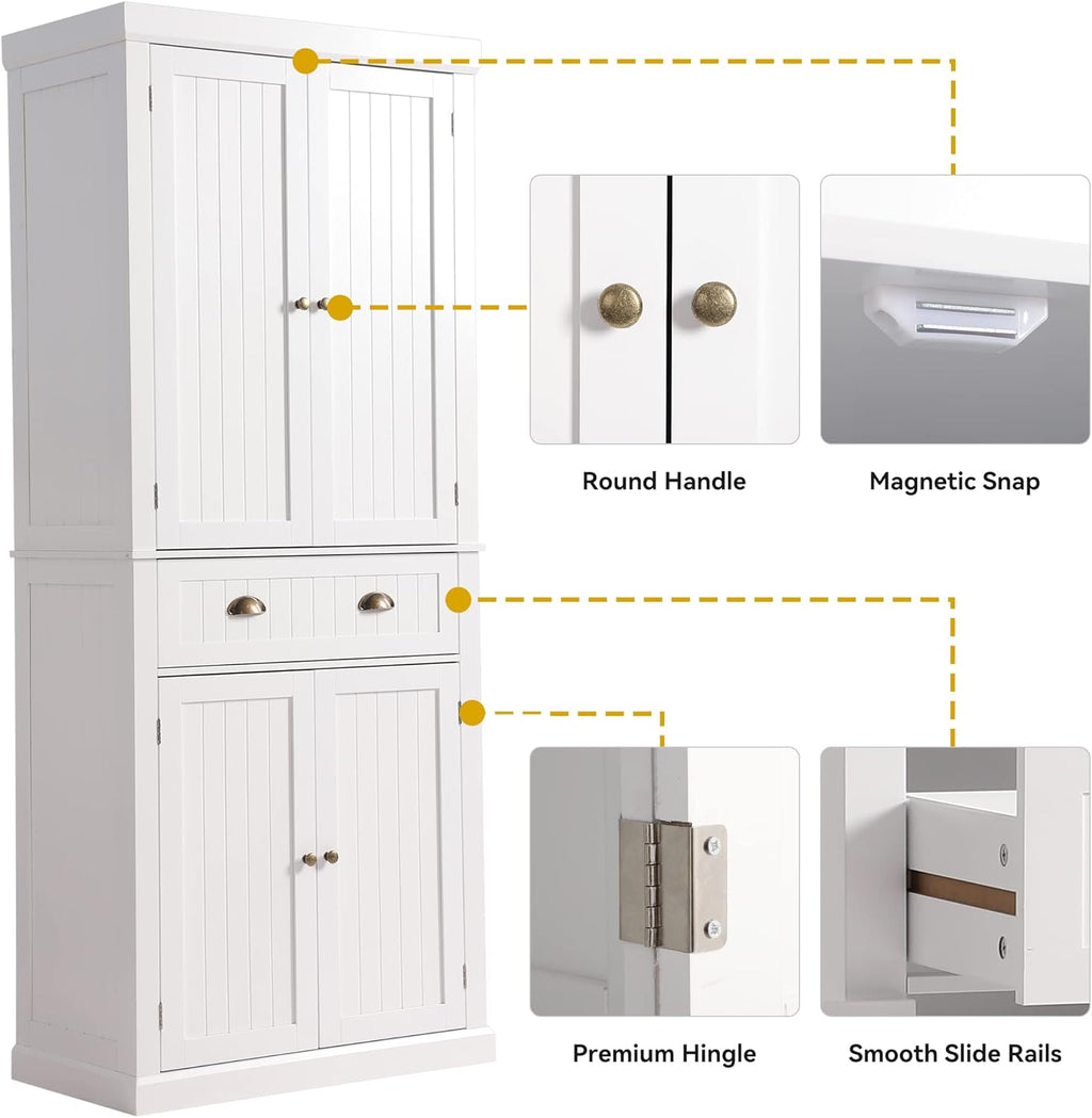 LOUVIXA 72" Kitchen Pantry Storage Cabinet, Freestanding Cupboard with 2 Cabinets, Drawer and Adjustable Shelves, Tall Storage Cabinet for Kitchen, Dinning Room, Living Room (White)