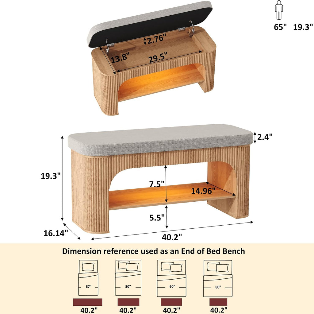 HOMEFORT 40.2" Fluted Storage Bench with Built-in LED Light, Flip-Top Shoe Bench with Cushioned Seat and Open Storage Shelf,Wood Accent Arched Bench for Entryway, Bedroom, Living Room, Natural Oak