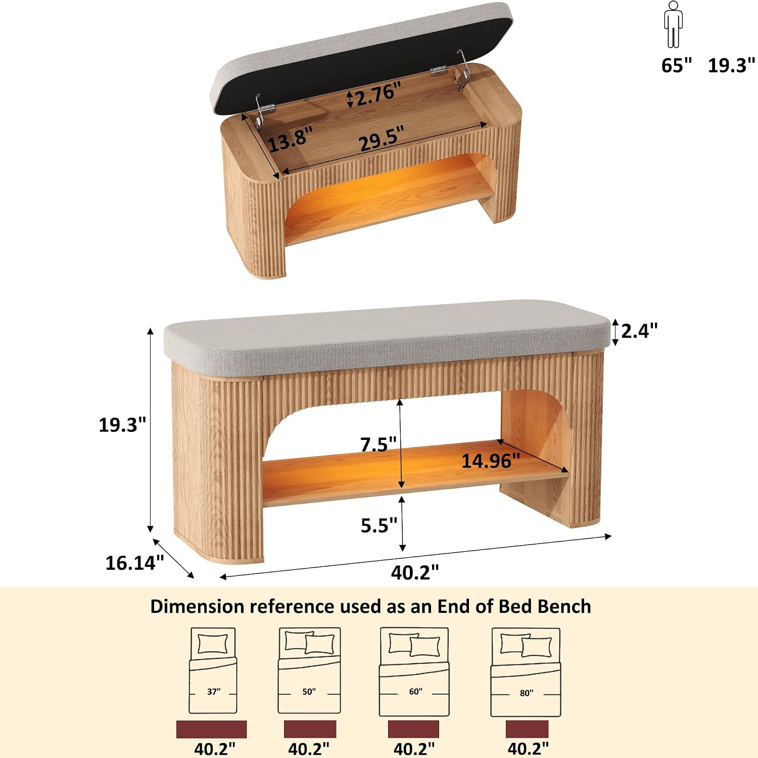 HOMEFORT 40.2" Fluted Storage Bench with Built-in LED Light, Flip-Top Shoe Bench with Cushioned Seat and Open Storage Shelf,Wood Accent Arched Bench for Entryway, Bedroom, Living Room, Natural Oak