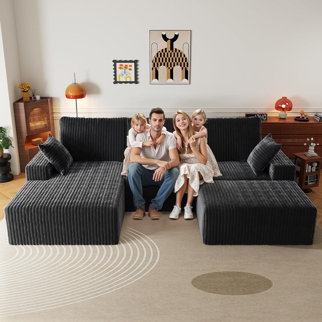 108" U-Shape Modular Sectional Cloud Couch with Ottoman, Deep Seat Couch with Oversized Chaise Lounge, Comfy Flannel Fabric Sofa for Living Room Bedroom Apartment Game Room Basement