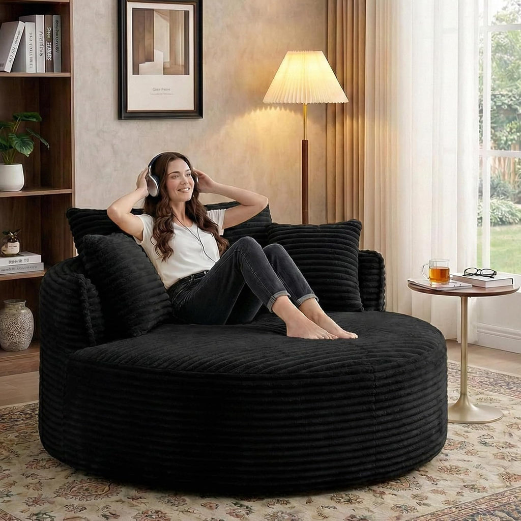 54-inch Oversized Round Chaise Longue Chair Indoor, Modern Upholstered Corduroy Deep Seat Circle Accent Chair Single Cloud Lounge Floor Sofa Chair for Living Room (Black, 54" Round)