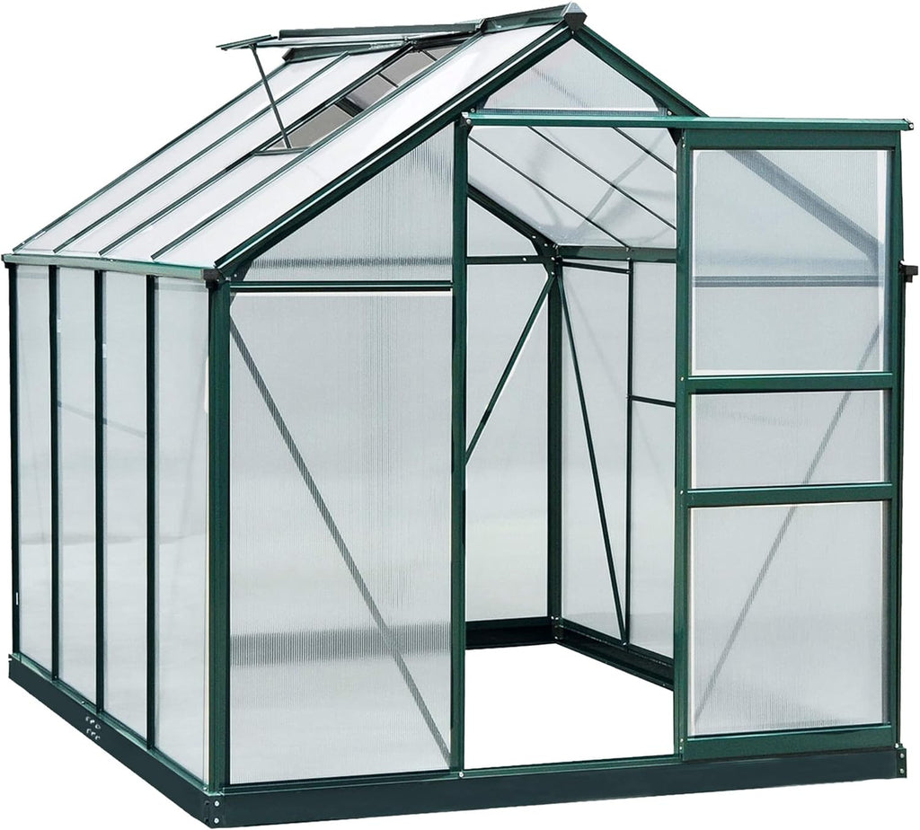 Outsunny 6' x 8' Greenhouse for Outdoors, Polycarbonate Greenhouse with Rain Gutter and Roof Vent, Aluminum Walk-in Green Houses for Outside for Patio Backyard Garden, Dark Green