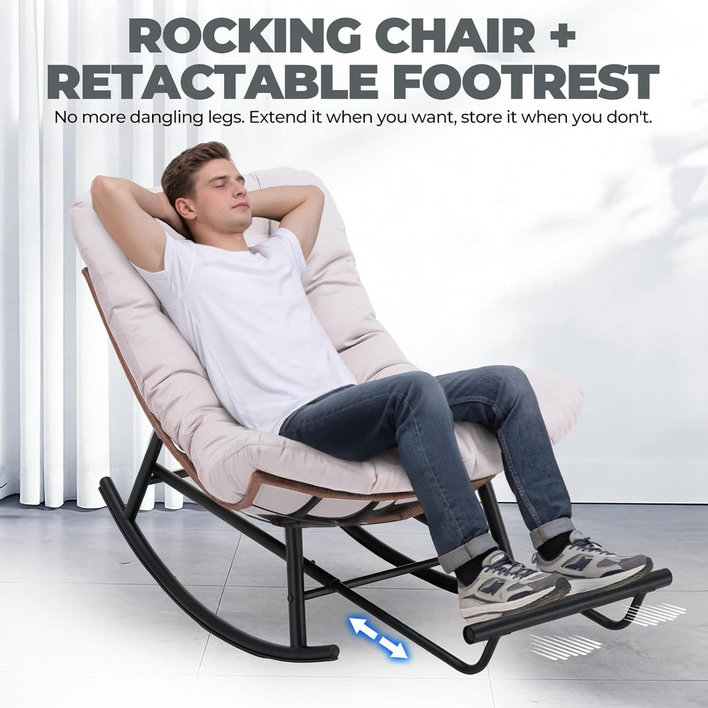 COMHOMA Outdoor Rocking Papasan Chair, Oversized Wicker Patio Rocker, Indoor Comfy Wicker Reading Lounge, Bed-Like Comfort Egg Chair for Bedroom,Balcony, Porch, Garden, Beige