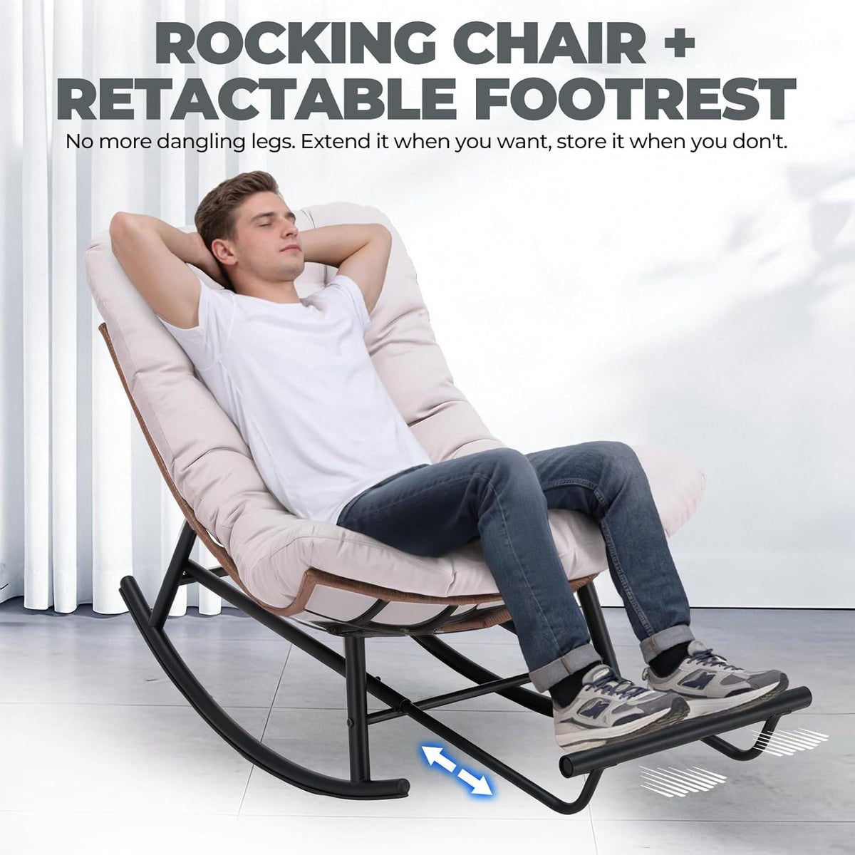 COMHOMA Outdoor Rocking Papasan Chair, Oversized Wicker Patio Rocker, Indoor Comfy Wicker Reading Lounge, Bed-Like Comfort Egg Chair for Bedroom,Balcony, Porch, Garden, Beige