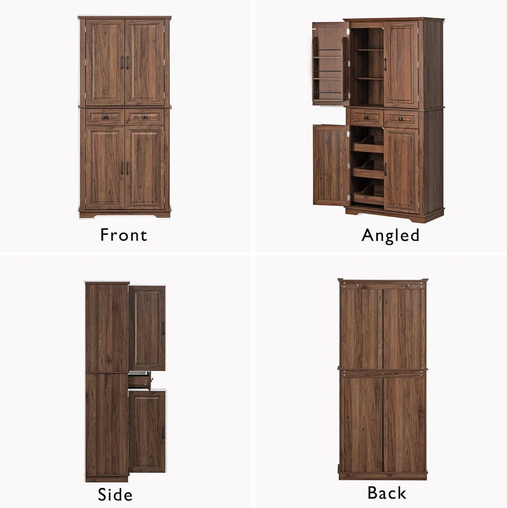 71" Tall Mid-Century Modern Kitchen Pantry with 3 Pull-Out Cabinets & 2 Drawers, Farmhouse Storage Cabinet with 6 Door Shelves & 2 Adjustable Shelves, Freestanding Cupboard for Dining Room ,Brown