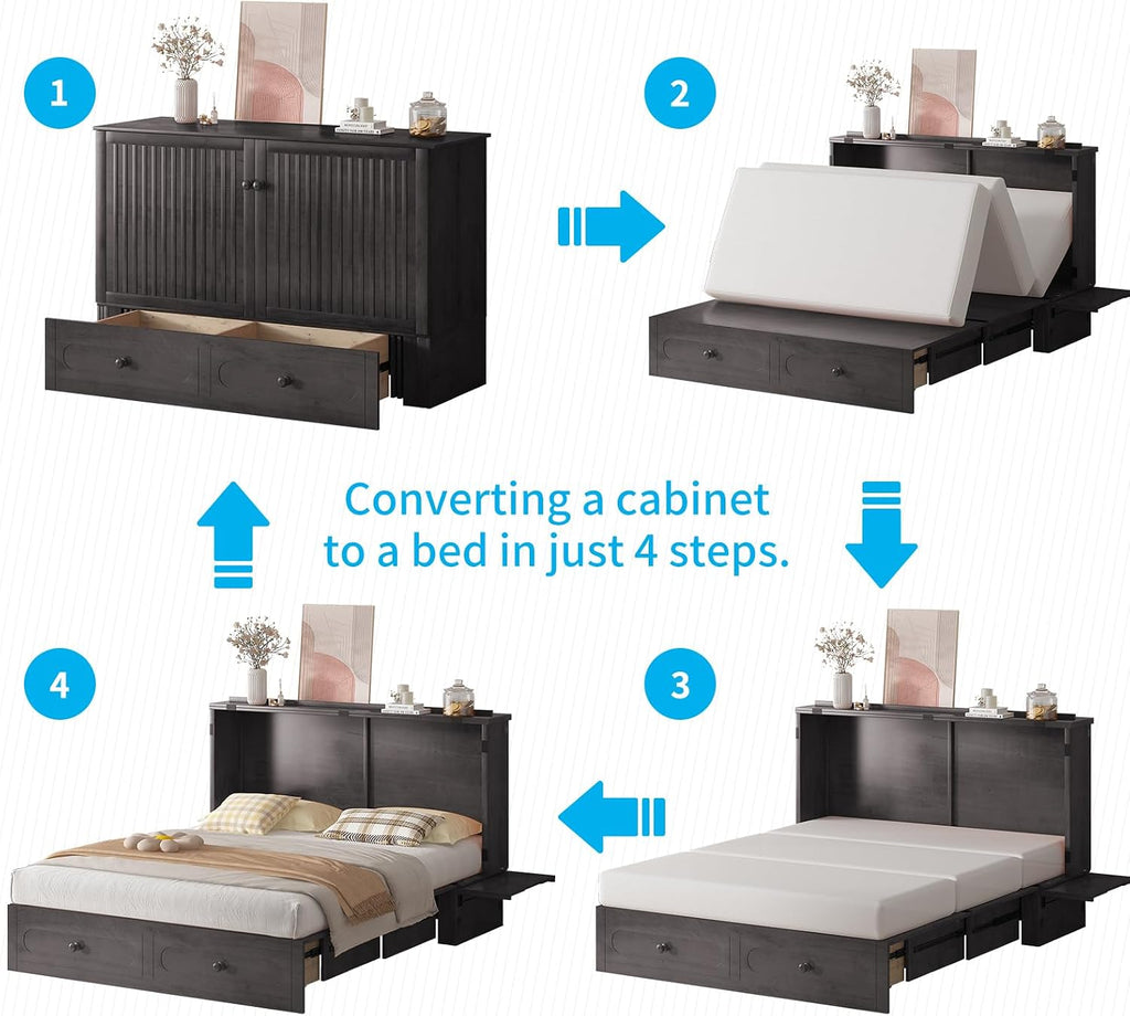 Mjkone Queen Murphy Bed Cabinet with Tri-fold Mattress, Cabinet Bed with Built-in Charging Station, Storage Drawer, Solid Wood Cabinets Bed, Cube Murphy Chest Beds for Guest Room, Home, Office, Grey