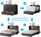 Mjkone Queen Murphy Bed Cabinet with Tri-fold Mattress, Cabinet Bed with Built-in Charging Station, Storage Drawer, Solid Wood Cabinets Bed, Cube Murphy Chest Beds for Guest Room, Home, Office, Grey