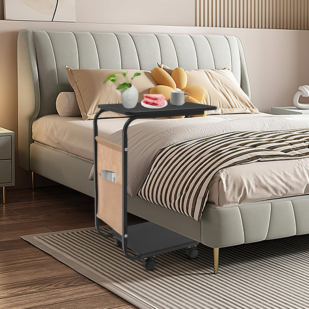 C Shaped Side Table, Small Side Table for Sofa and Bed, Computer Desk with Rolling Wheels and Storage Bag Side Table Slide Under Sofa Tray Table for Living Room Bedroom Office (Black)