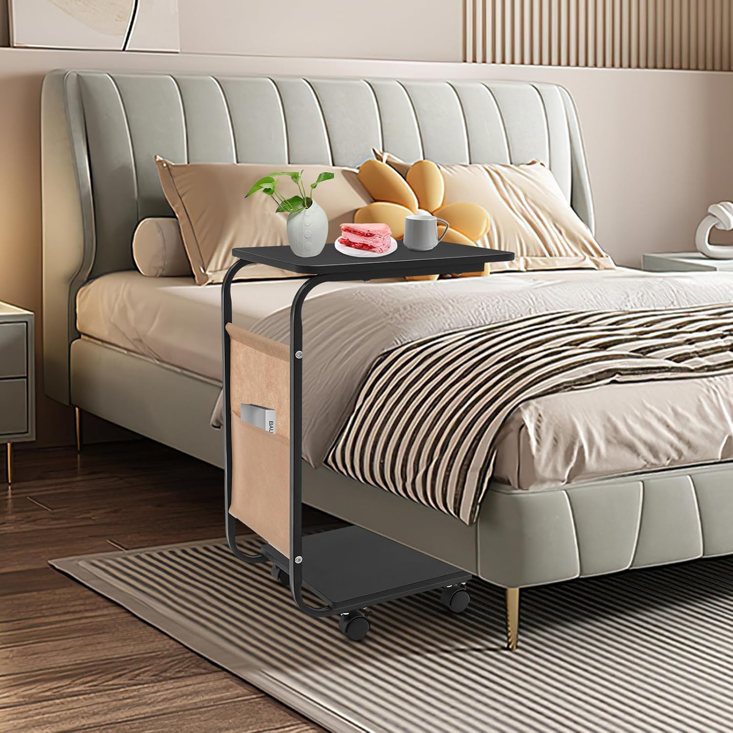 C Shaped Side Table, Small Side Table for Sofa and Bed, Computer Desk with Rolling Wheels and Storage Bag Side Table Slide Under Sofa Tray Table for Living Room Bedroom Office (Black)
