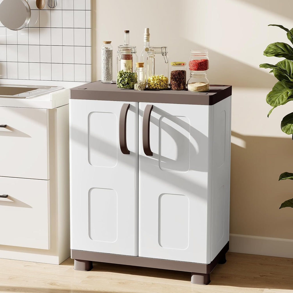GIANTEX Storage Cabinet with 2 Doors and Adjustable Shelves, Modern Plastic Base Garage Organizer, Floor Sideboard for Kitchen, Dining Room, Bathroom (Wide-29"x19"x37",White+Brown)