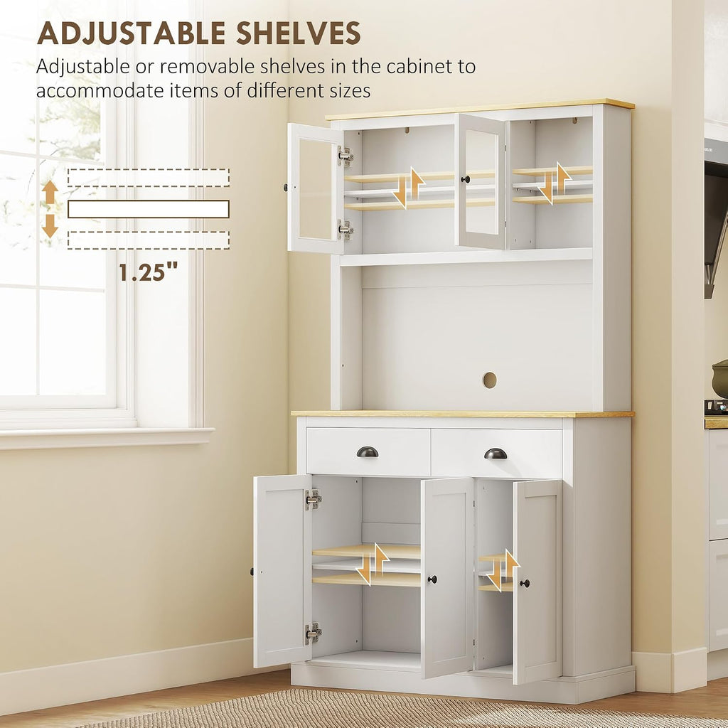 HOMCOM Kitchen Pantry Storage Cabinet with Microwave Stand, 71" Modern Kitchen Hutch with Open Countertop, Glass Doors, Storage Drawers and Adjustable Shelves for Dining Room, Coffee Bar, White