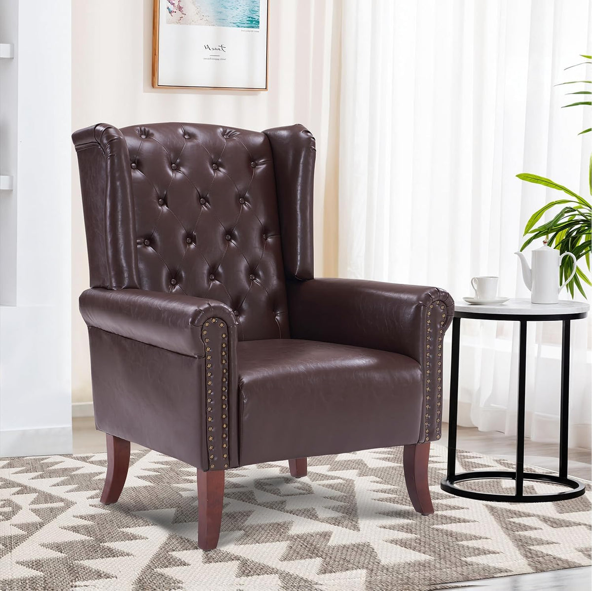 Modern Accent Chair Set of 2, Mid-Century Faux Leather Armchair Upholstered Club Sofa Chair with Wooden Legs, High Back Living Room Chair for Bedroom, Office, Lounge (Caramel)