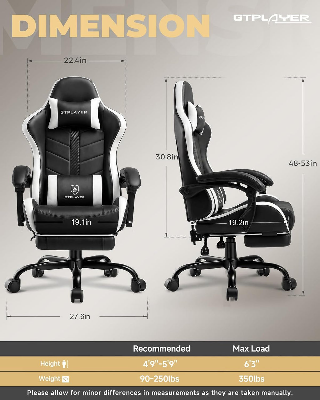 GTPLAYER Gaming Chair for Adults, Computer Chair with Footrest, Snow White | Ergonomic Video Game Chair with 90-155° Recline, Removable Headrest & Lumbar Support, All-Day Comfort for Home & Office