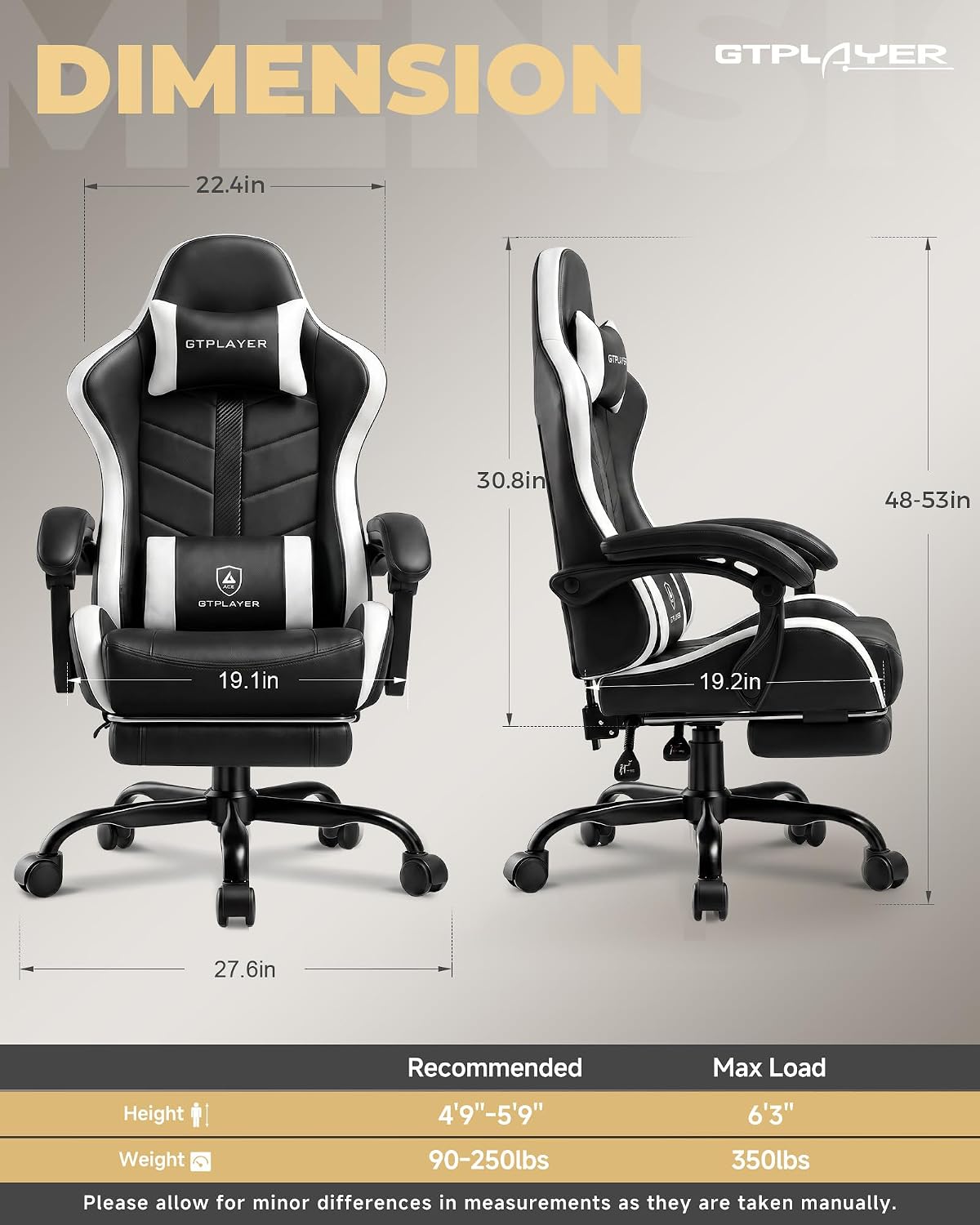 GTPLAYER Gaming Chair for Adults, Computer Chair with Footrest, Snow White | Ergonomic Video Game Chair with 90-155° Recline, Removable Headrest & Lumbar Support, All-Day Comfort for Home & Office