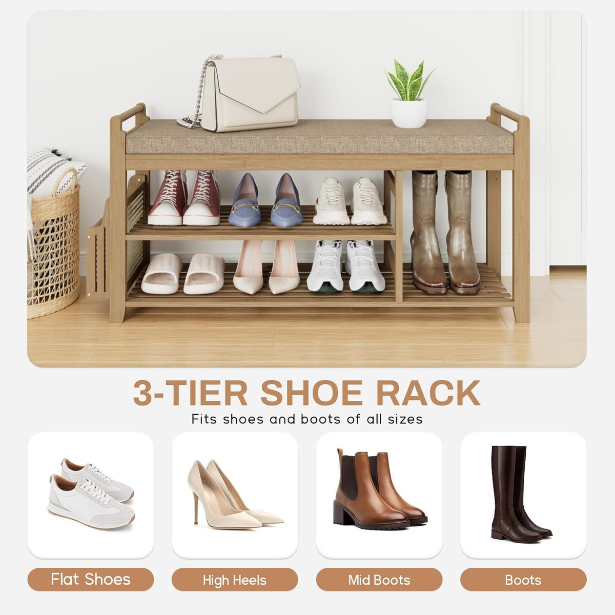 Homaxy 2-Tier Shoe Rack Bench with Side Holder, 39.4 in Bamboo Entryway Bench, Shoe Rack Organizer with Cushion for Front Entrance, Hallway Living Room Bedroom, Walnut and Light Brown