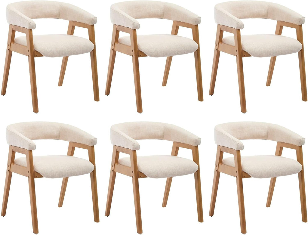 BESTANO Dining Chairs Set of 6, Modern Farmhouse Beige Linen Upholstered Kitchen Chairs with Arms, Solid Wood Legs, Elegant Padded Side Chairs for Home Dining Room