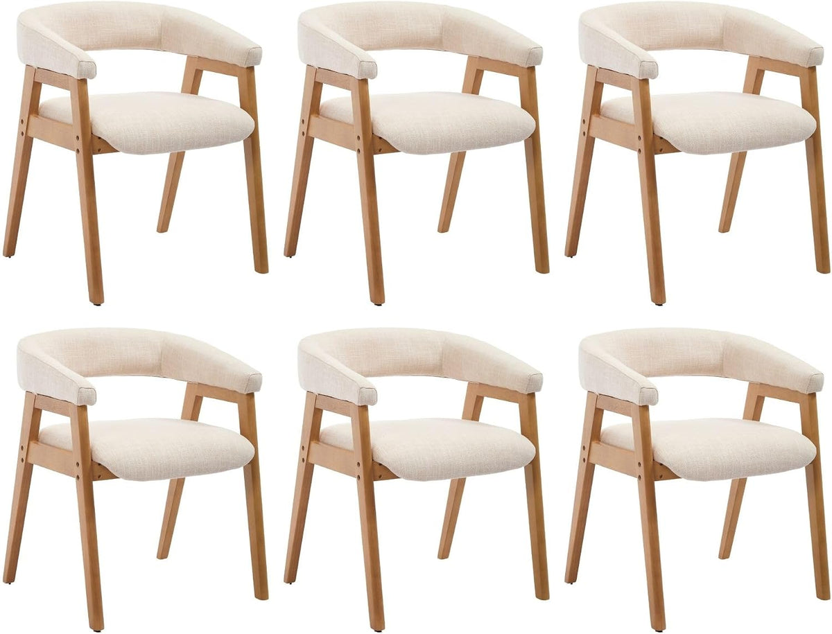 BESTANO Dining Chairs Set of 6, Modern Farmhouse Beige Linen Upholstered Kitchen Chairs with Arms, Solid Wood Legs, Elegant Padded Side Chairs for Home Dining Room