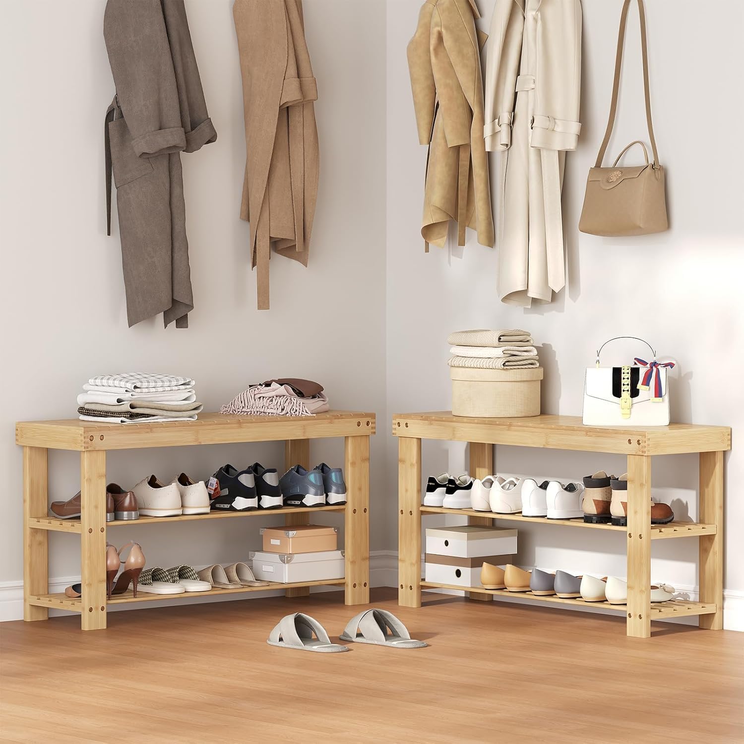 Simple Deluxe Shoe Rack Bench, 3-Tier Bamboo Storage Organizer, 286lb Capacity Entryway Bench for Front Door, Bedroom, Living Room, Bathroom, Balcony, Stylish Shoes Wood (11.3 x 35.4 x 17.8 Inches)