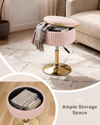 LITZFUR Adjustable Vanity Stool with Storage, 360° Swivel Gold Chair, Velvet Small Round Ottoman Footrest for Bathroom, Makeup Room, Pink