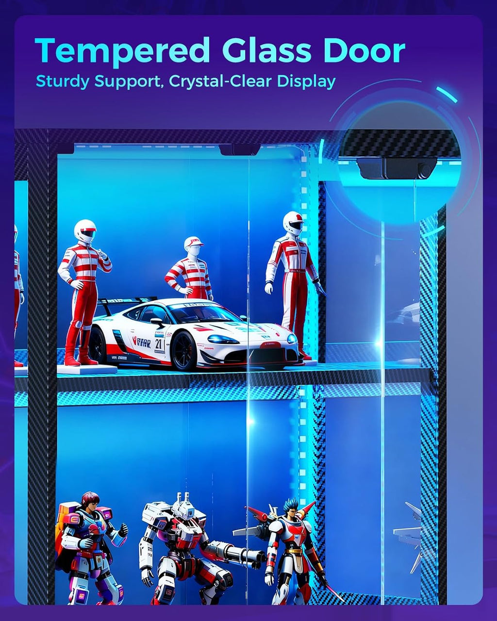 AODK Display Case with RGB Lights, 4-Tier Display Cabinet with Glass Doors and Storage Shelves, Glass Display Cabinet Shelf for Collectibles, Black Curio Cabinet for Game Room