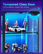 AODK Display Case with RGB Lights, 4-Tier Display Cabinet with Glass Doors and Storage Shelves, Glass Display Cabinet Shelf for Collectibles, Black Curio Cabinet for Game Room