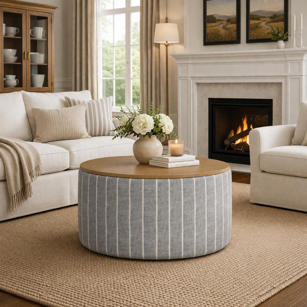 HomePop Modern Fabric Storage Ottoman with Wood Top - Midnight Gary Woven Stripe